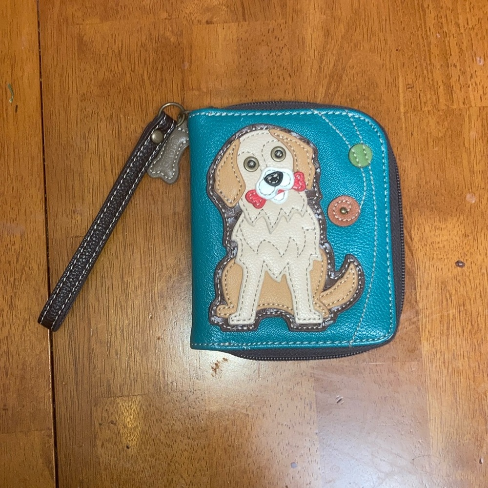 Chala zip around turquoise golden retriever wristlet